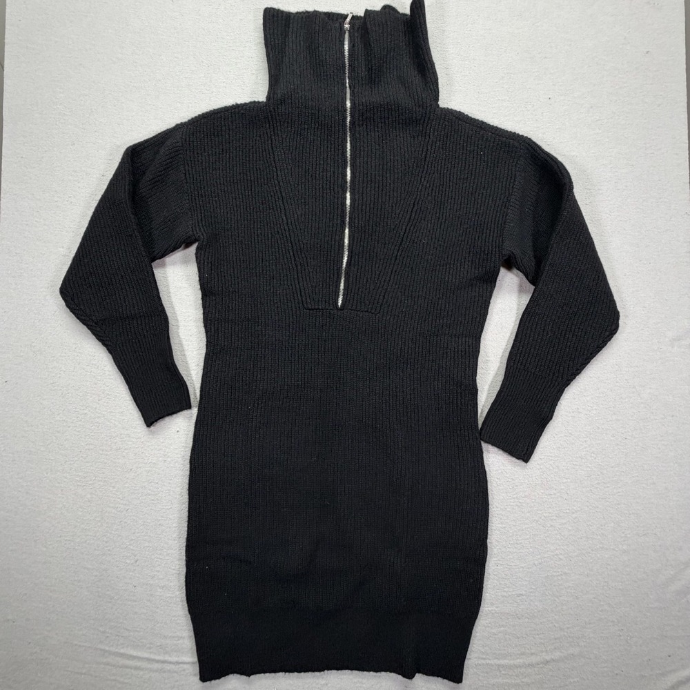 Venus Sweater Dress Women Medium Good Black Ribbed Knit Half Zip Turtleneck